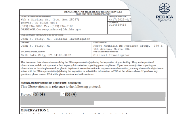 FDA 483 - John F. Foley, MD [Salt Lake City / United States of America] - Download PDF - Redica Systems