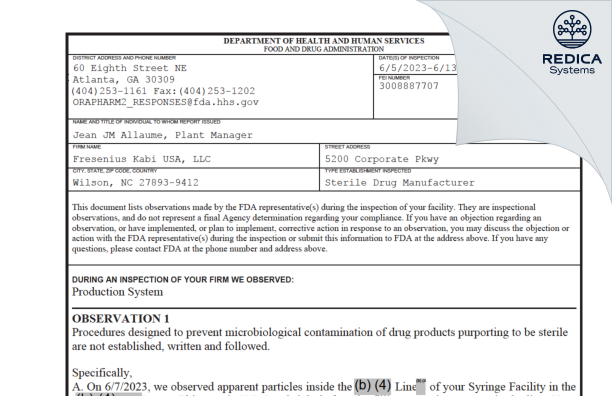 FDA 483 - Fresenius Kabi USA, LLC [Wilson / United States of America] - Download PDF - Redica Systems