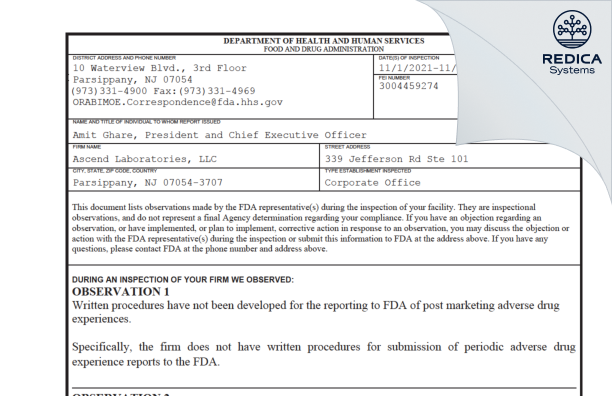 FDA 483 - Ascend Laboratories, LLC [Parsippany / United States of America] - Download PDF - Redica Systems