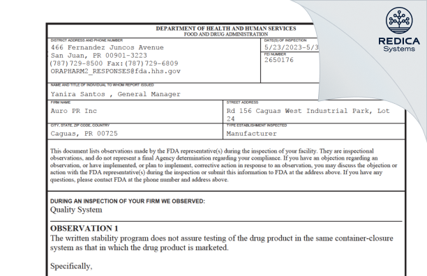 FDA 483 - Auro PR Inc. [Rico / United States of America] - Download PDF - Redica Systems