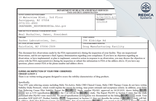 FDA 483 - Parker Laboratories, Inc. [Fairfield / United States of America] - Download PDF - Redica Systems