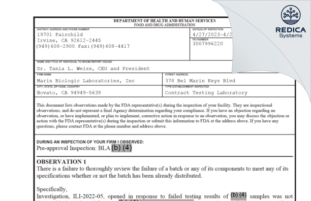 FDA 483 - Marin Biologic Laboratories, Inc. [California / United States of America] - Download PDF - Redica Systems