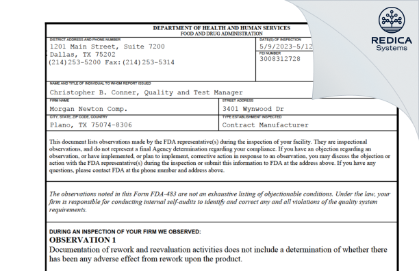 FDA 483 - Morgan Newton Comp. [Plano / United States of America] - Download PDF - Redica Systems