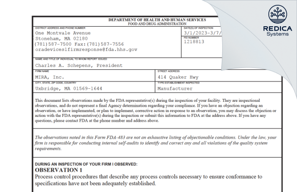FDA 483 - MIRA, Inc. [Uxbridge / United States of America] - Download PDF - Redica Systems