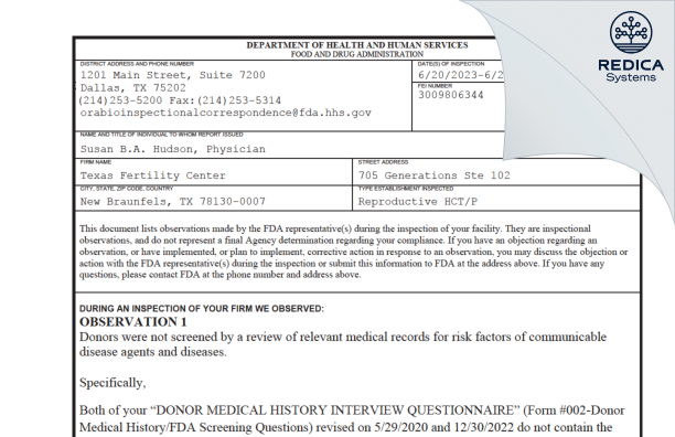 FDA 483 - Texas Fertility Center [New Braunfels / United States of America] - Download PDF - Redica Systems