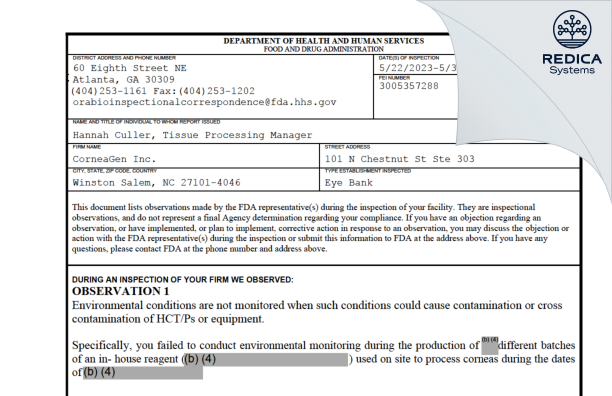 FDA 483 - CorneaGen Inc. [Winston Salem / United States of America] - Download PDF - Redica Systems
