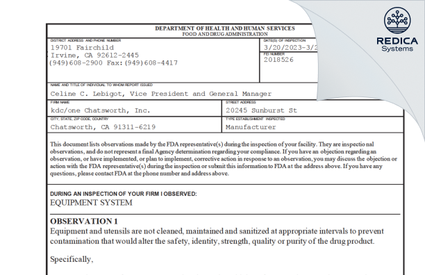 FDA 483 - kdc/one Chatsworth, Inc. [California / United States of America] - Download PDF - Redica Systems