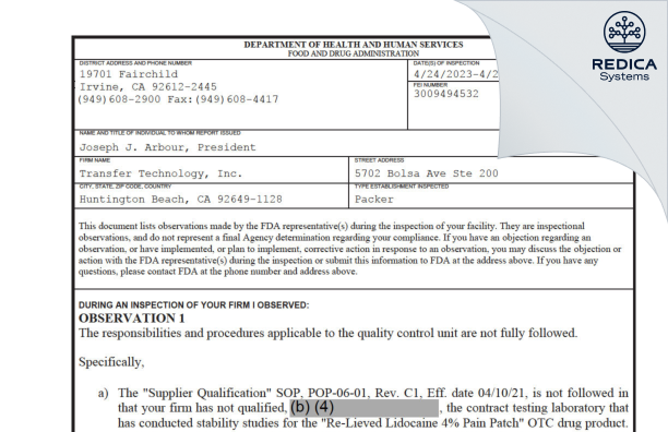FDA 483 - Transfer Technology, Inc. [Huntington Beach California / United States of America] - Download PDF - Redica Systems