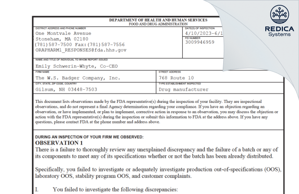 FDA 483 - W.S. BADGER COMPANY, INC. [Hampshire / United States of America] - Download PDF - Redica Systems