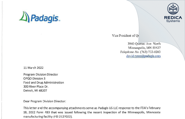 FDA 483 Response - Padagis US LLC [Minneapolis / United States of America] - Download PDF - Redica Systems