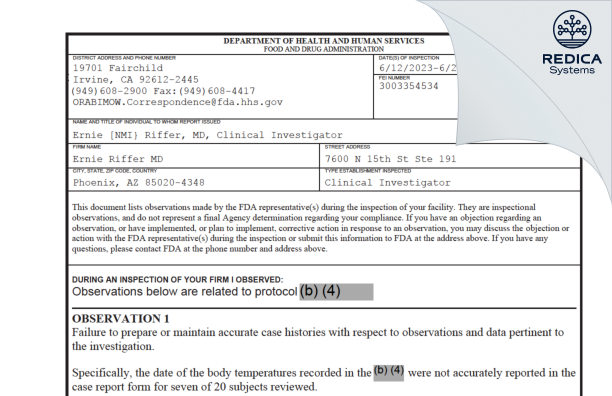 FDA 483 - Ernie Riffer MD [Phoenix / United States of America] - Download PDF - Redica Systems