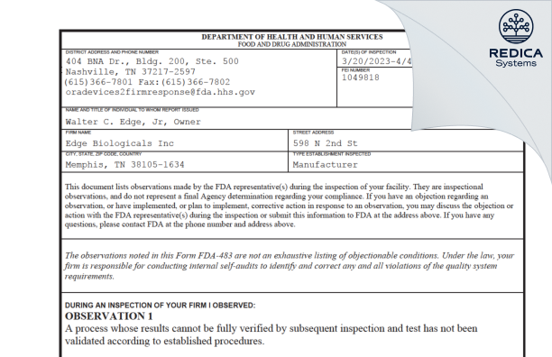 FDA 483 - Edge Biologicals Inc [Memphis / United States of America] - Download PDF - Redica Systems
