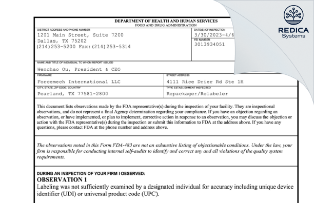 FDA 483 - Forcemech International LLC [Pearland / United States of America] - Download PDF - Redica Systems