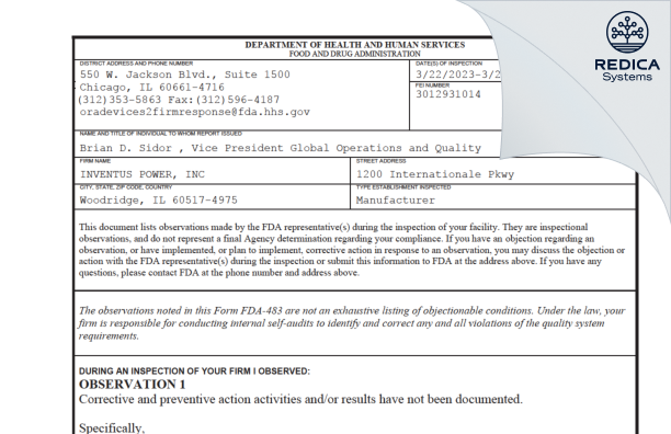 FDA 483 - INVENTUS POWER, INC [Woodridge / United States of America] - Download PDF - Redica Systems