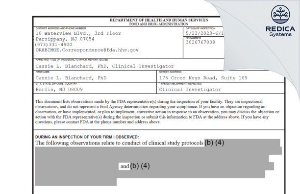 FDA 483 - Cassie L. Blanchard, PhD [Berlin / United States of America] - Download PDF - Redica Systems