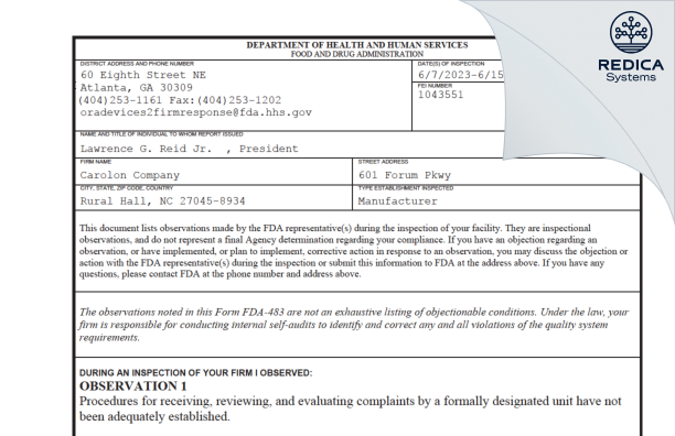 FDA 483 - Carolon Company [Rural Hall / United States of America] - Download PDF - Redica Systems