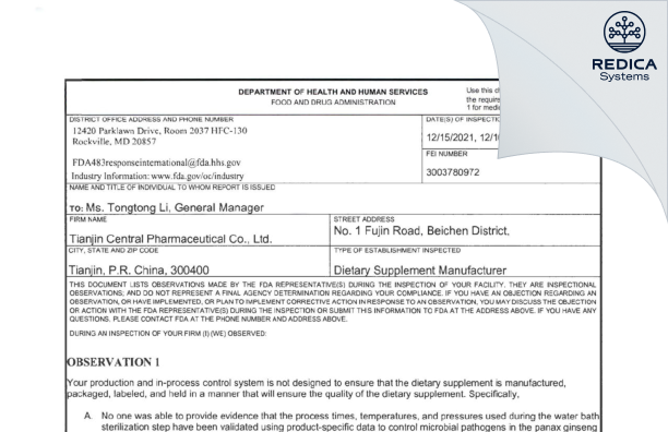 FDA 483 - Tianjin Central Pharmaceutical Co., Ltd. [Tianjin / China] - Download PDF - Redica Systems
