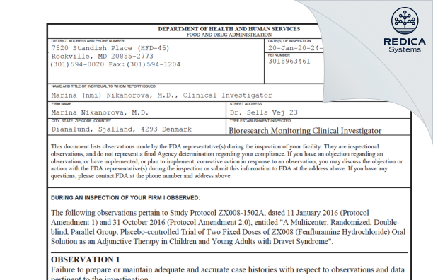 FDA 483 - Marina Nikanorova, M.D. [Dianalund / Denmark] - Download PDF - Redica Systems