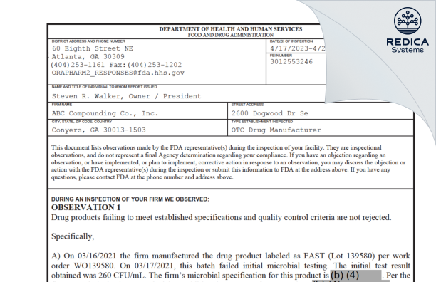 FDA 483 - ABC Compounding Co., Inc. [Conyers Georgia / United States of America] - Download PDF - Redica Systems