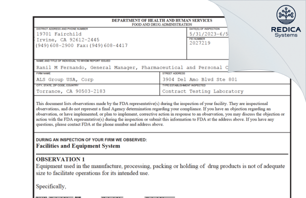 FDA 483 - ALS Group USA, Corp. [Torrance / United States of America] - Download PDF - Redica Systems