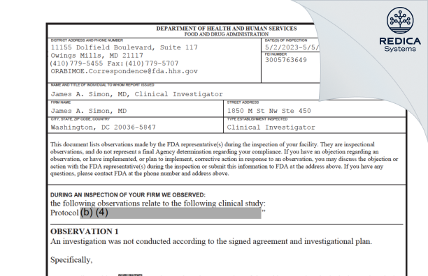FDA 483 - James A. Simon, MD [Washington / United States of America] - Download PDF - Redica Systems