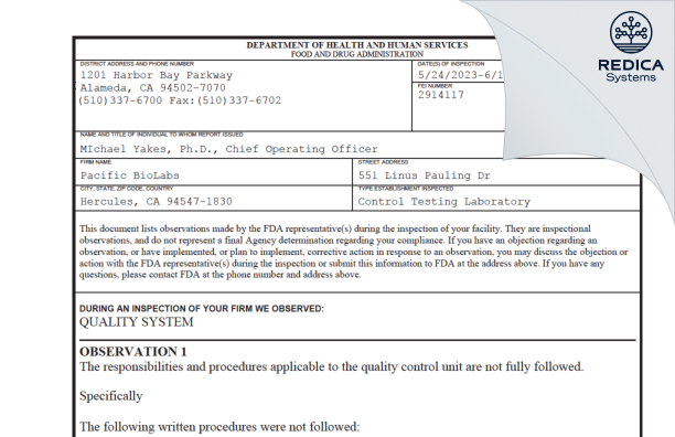 FDA 483 - Pacific BioLabs [California / United States of America] - Download PDF - Redica Systems