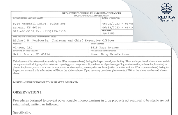 FDA 483 - VI-JON, LLC [Saint Louis / United States of America] - Download PDF - Redica Systems