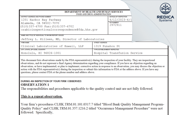 FDA 483 - Clinical Laboratories of Hawaii, LLP [Honolulu / United States of America] - Download PDF - Redica Systems
