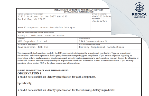 FDA 483 - NNS Organics Limited [Lawrencetown / Canada] - Download PDF - Redica Systems