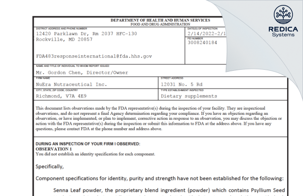 FDA 483 - NuEra Nutraceutical Inc [Richmond / Canada] - Download PDF - Redica Systems