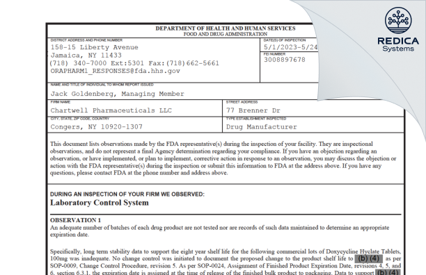 FDA 483 - Chartwell Pharmaceuticals Congers, LLC. [New York / United States of America] - Download PDF - Redica Systems