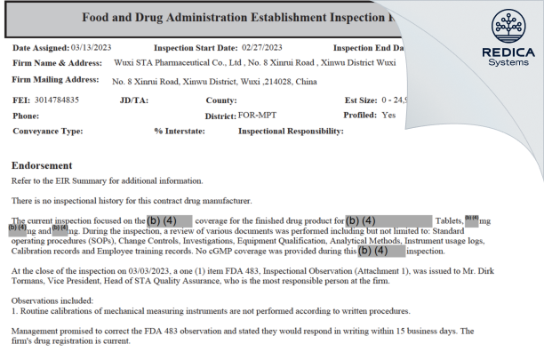 EIR - Wuxi STA Pharmaceutical Co., Ltd [China / China] - Download PDF - Redica Systems