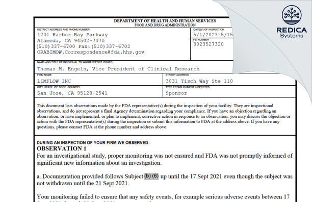 FDA 483 - LimFlow, Inc. [San Jose / United States of America] - Download PDF - Redica Systems