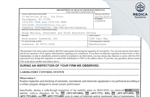 FDA 483 - Renaissance Lakewood LLC [Lakewood / United States of America] - Download PDF - Redica Systems