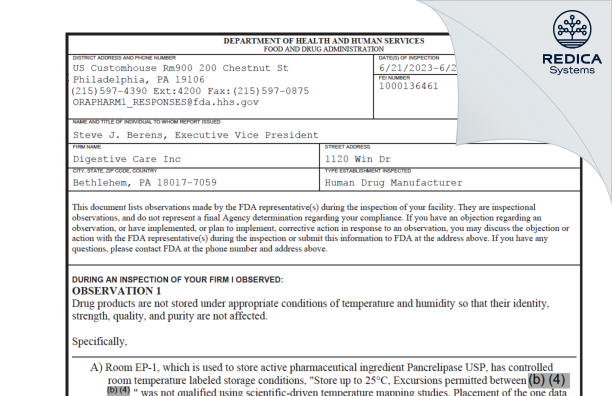 FDA 483 - Digestive Care, Inc. [Bethlehem / United States of America] - Download PDF - Redica Systems