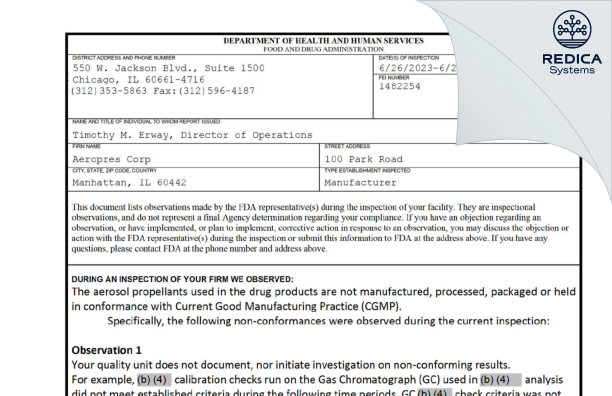 FDA 483 - Aeropres Corp [Manhattan / United States of America] - Download PDF - Redica Systems