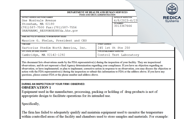 FDA 483 - Sartorius Stedim North America Inc. [Cambridge / United States of America] - Download PDF - Redica Systems