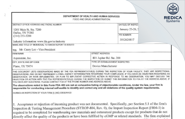 FDA 483 - ASPENSTATE, INC [Plano / United States of America] - Download PDF - Redica Systems