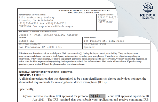 FDA 483 - Fitbit LLC [San Francisco / United States of America] - Download PDF - Redica Systems