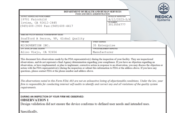 FDA 483 - MICROVENTION INC. [Aliso Viejo / United States of America] - Download PDF - Redica Systems