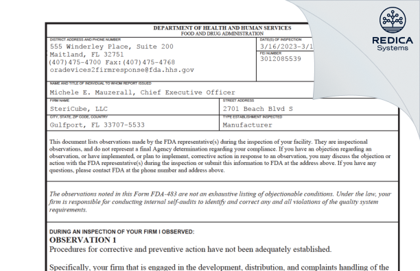 FDA 483 - SteriCube, LLC [Gulfport / United States of America] - Download PDF - Redica Systems