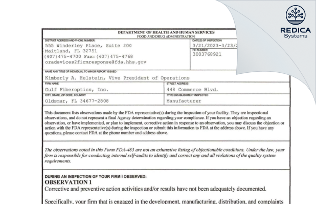 FDA 483 - Gulf Fiberoptics, Inc. [Oldsmar / United States of America] - Download PDF - Redica Systems
