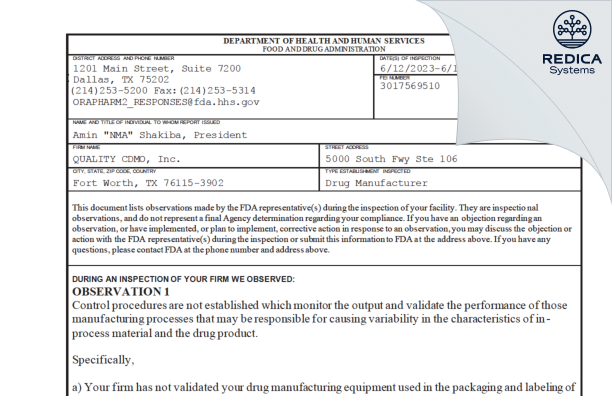 FDA 483 - Quality CDMO [Fort Worth / United States of America] - Download PDF - Redica Systems