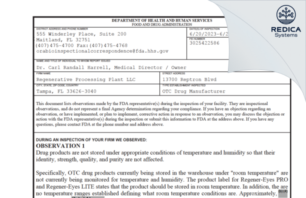 FDA 483 - Regenerative Processing Plant, LLC [Tampa / United States of America] - Download PDF - Redica Systems