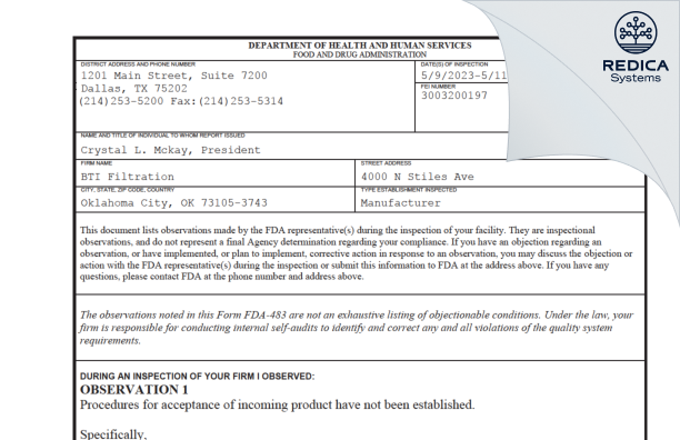 FDA 483 - BTI Filtration [Oklahoma City / United States of America] - Download PDF - Redica Systems