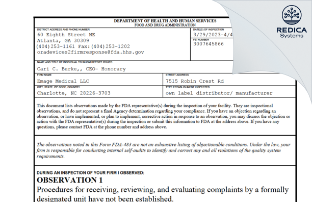 FDA 483 - Emage Medical LLC [Charlotte / United States of America] - Download PDF - Redica Systems