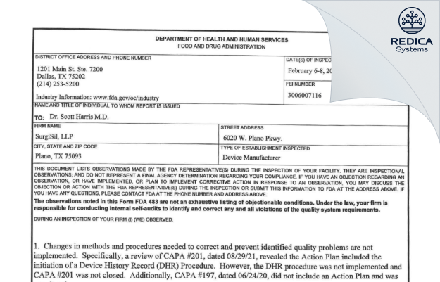 FDA 483 - Surgisil, LLP [Plano / United States of America] - Download PDF - Redica Systems