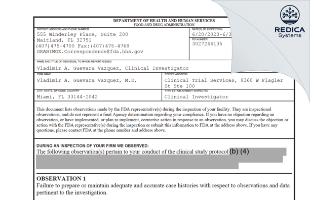FDA 483 - Vladimir A. Guevara Vazquez, M.D. [Miami / United States of America] - Download PDF - Redica Systems
