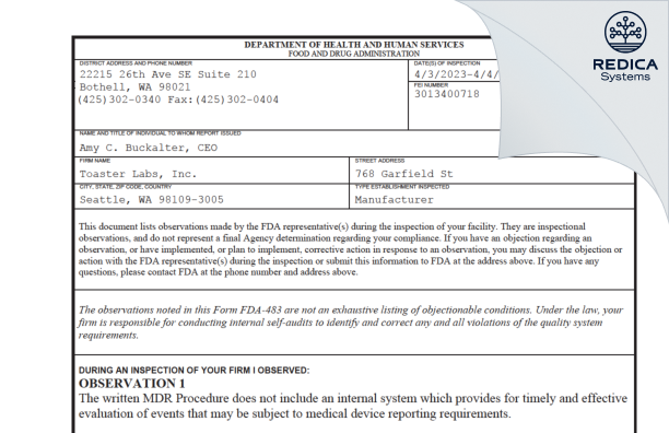 FDA 483 - Toaster Labs, Inc. [Seattle / United States of America] - Download PDF - Redica Systems