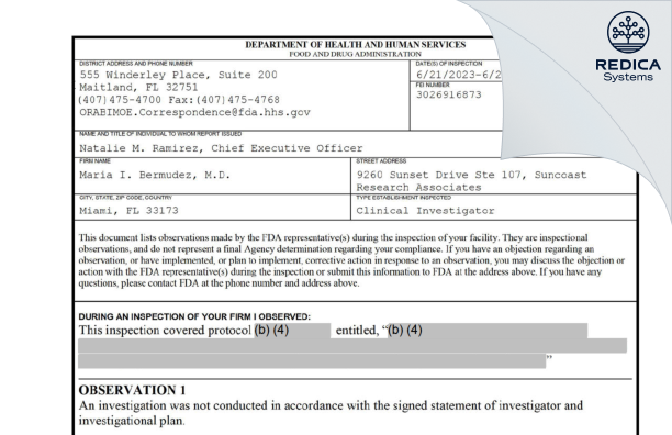 FDA 483 - Maria I. Bermudez, M.D. [Miami / United States of America] - Download PDF - Redica Systems